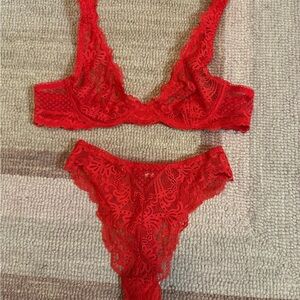 Free People Red Lace Bralette & Lace Thong Set 34A XS
